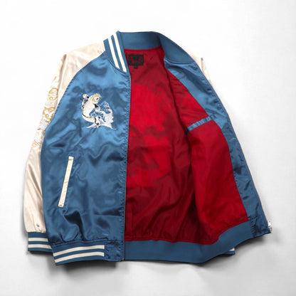 Isshinjokyo Sukajan Souvenir Jacket, XL, Blue, Polyester, Dragon and Carp Wave Embroidery