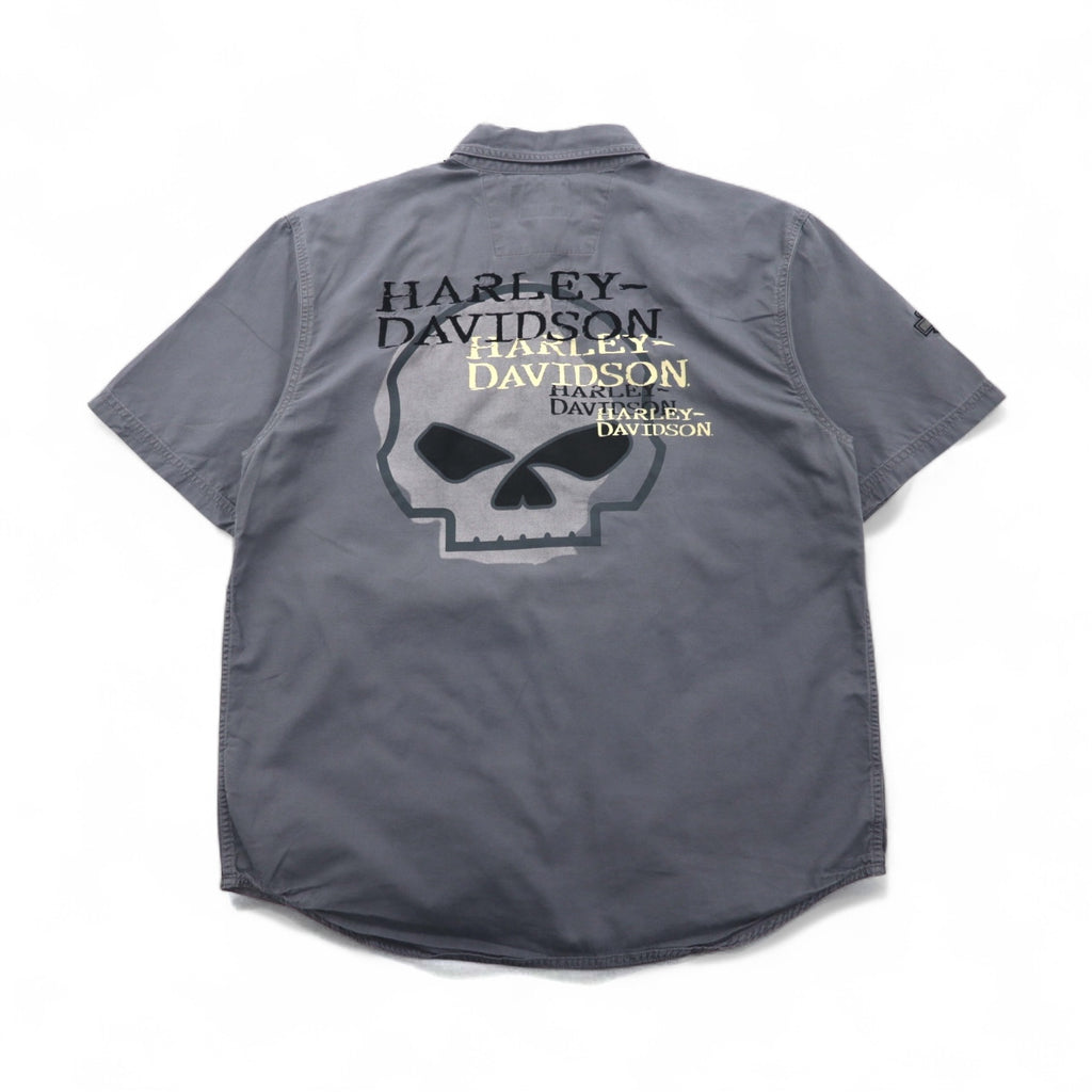 HARLEY DAVIDSON スカルプリント 半袖 ワークシャツ L グレー バックプリント ダブルポケット