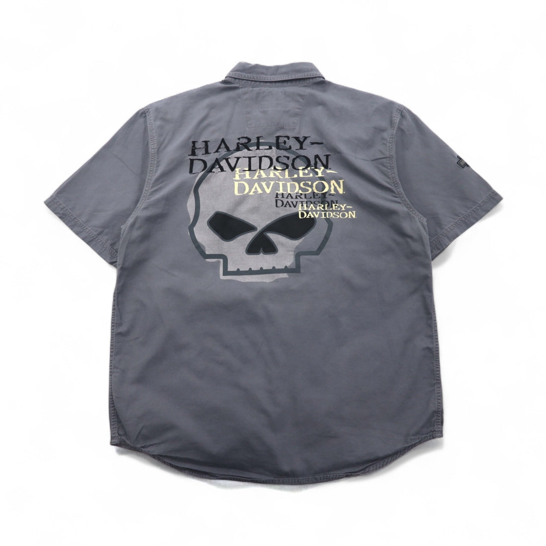 HARLEY DAVIDSON スカルプリント 半袖 ワークシャツ L グレー バックプリント ダブルポケット