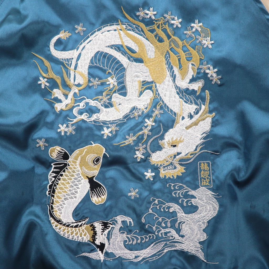 Isshinjokyo Sukajan Souvenir Jacket, XL, Blue, Polyester, Dragon and Carp Wave Embroidery