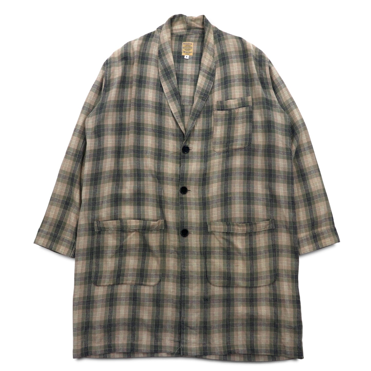 Sunday Works USA製 ガウンコート S カーキ チェック コットン UNION MADE
