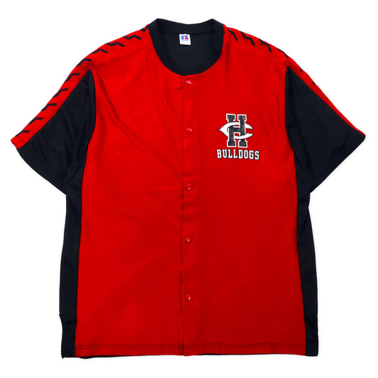 RUSSELL ATHLETIC USA製 90年代 ベースボールシャツ ゲームシャツ L レッド ブラック ナイロン スナップボタン BULLDOGS ビッグサイズ