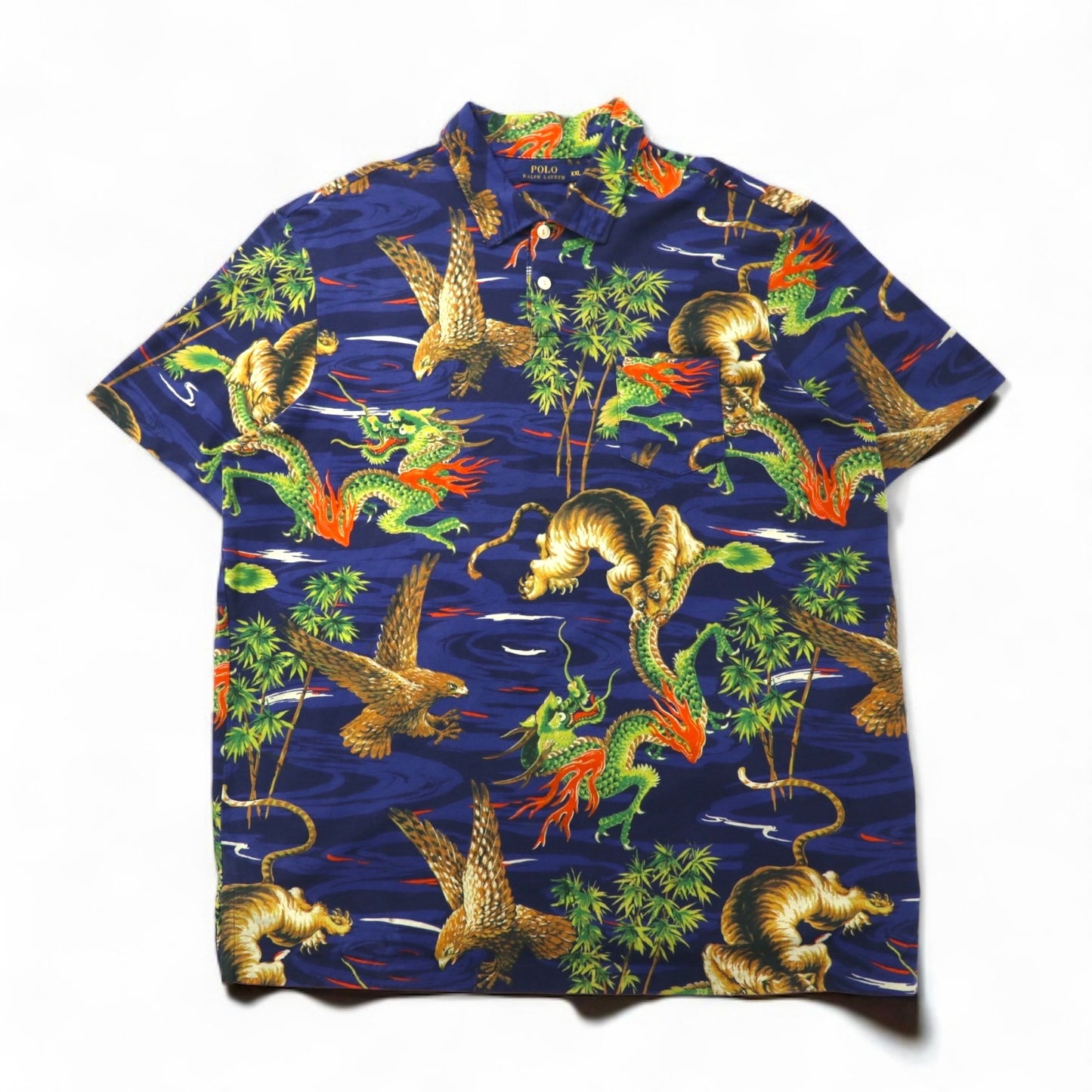 POLO RALPH LAUREN 和柄 ポロシャツ 2XL ネイビー 胸ポケット 総柄 龍 虎 鷹