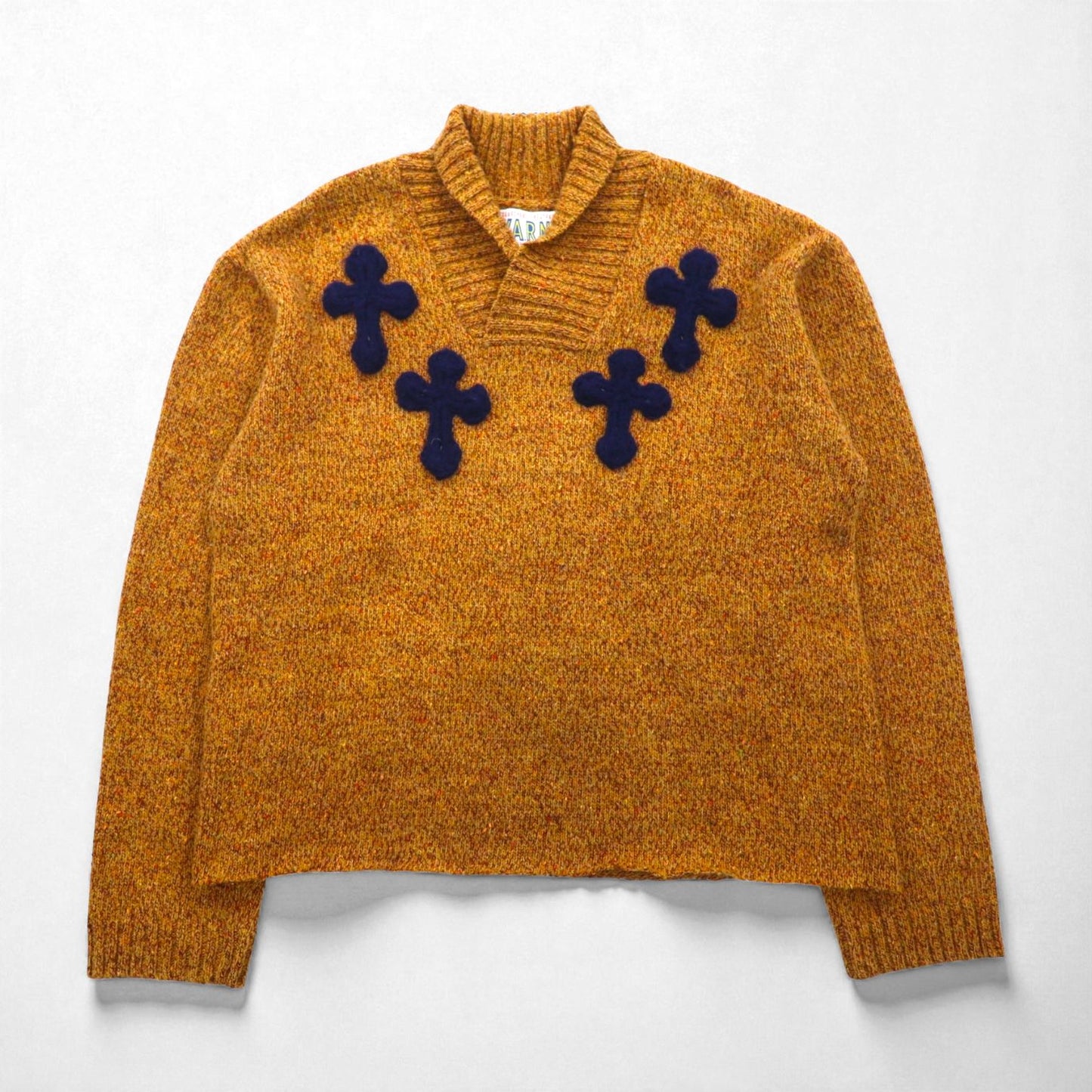Y.A.R.N. クロシェ ニット CROSS-PATCH クロスパッチ ショールカラー セーター L ブラウン 3D Cross Knit Motif