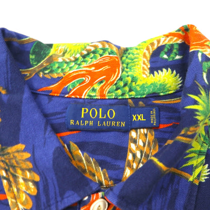 POLO RALPH LAUREN 和柄 ポロシャツ 2XL ネイビー 胸ポケット 総柄 龍 虎 鷹