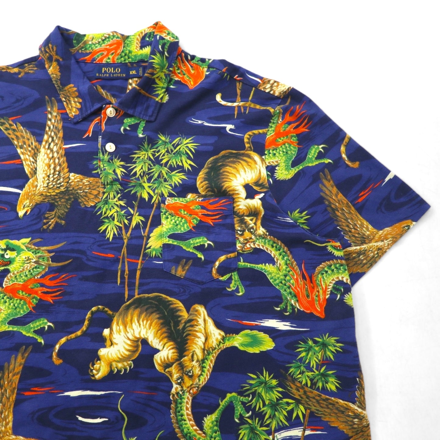 POLO RALPH LAUREN 和柄 ポロシャツ 2XL ネイビー 胸ポケット 総柄 龍 虎 鷹