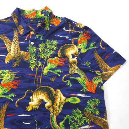 POLO RALPH LAUREN 和柄 ポロシャツ 2XL ネイビー 胸ポケット 総柄 龍 虎 鷹