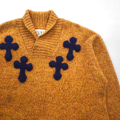Y.A.R.N. クロシェ ニット CROSS-PATCH クロスパッチ ショールカラー セーター L ブラウン 3D Cross Knit Motif