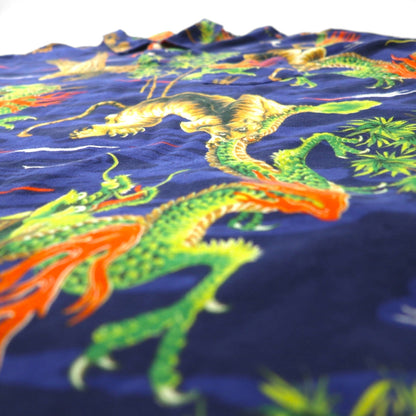 POLO RALPH LAUREN 和柄 ポロシャツ 2XL ネイビー 胸ポケット 総柄 龍 虎 鷹