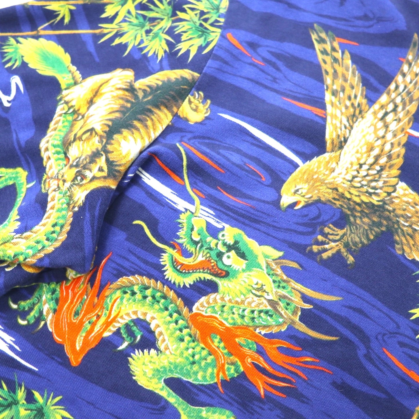 POLO RALPH LAUREN 和柄 ポロシャツ 2XL ネイビー 胸ポケット 総柄 龍 虎 鷹