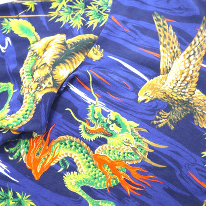 POLO RALPH LAUREN 和柄 ポロシャツ 2XL ネイビー 胸ポケット 総柄 龍 虎 鷹