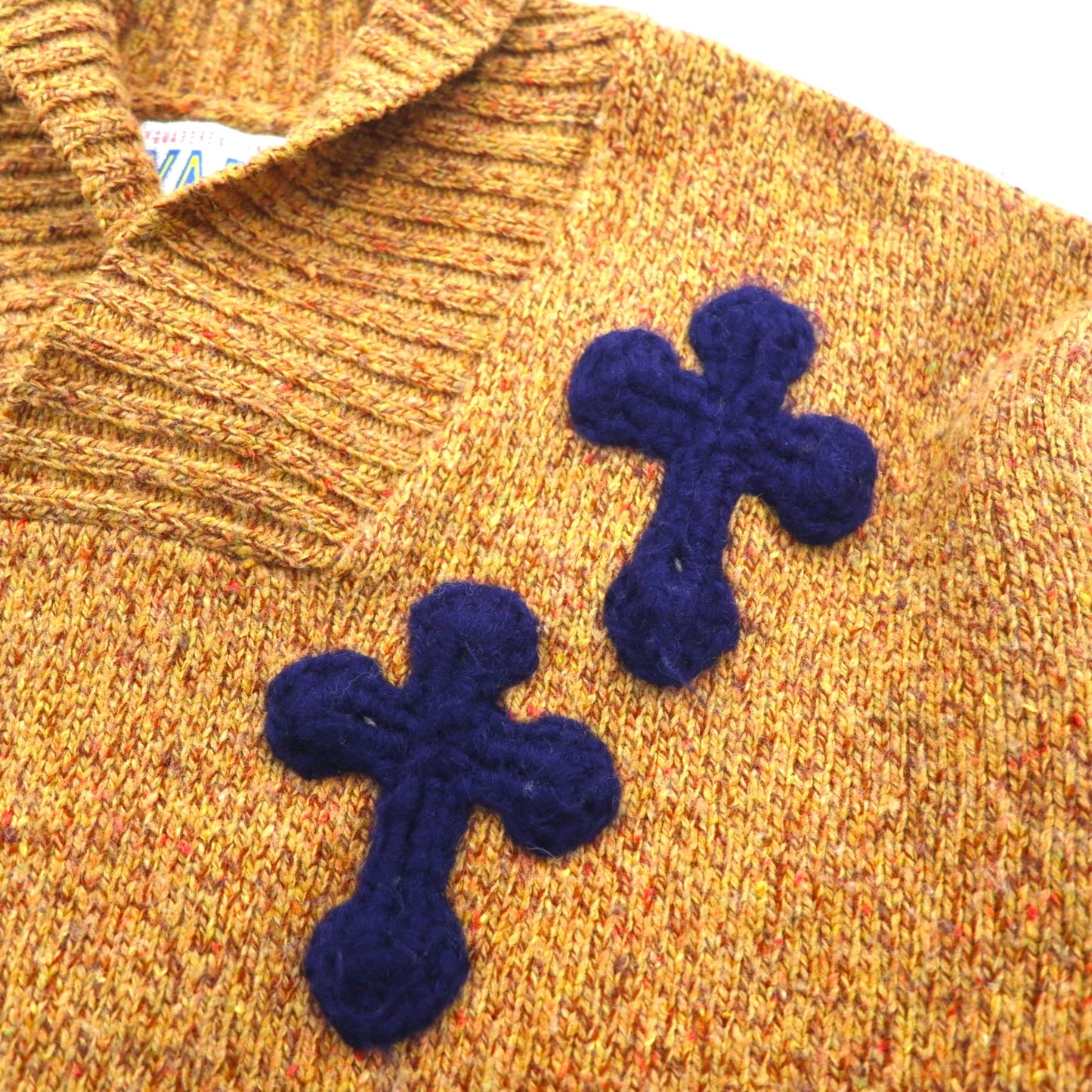 Y.A.R.N. クロシェ ニット CROSS-PATCH クロスパッチ ショールカラー セーター L ブラウン 3D Cross Knit Motif
