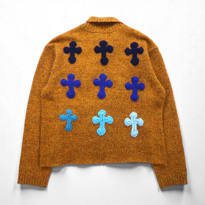 Y.A.R.N. クロシェ ニット CROSS-PATCH クロスパッチ ショールカラー セーター L ブラウン 3D Cross Knit Motif
