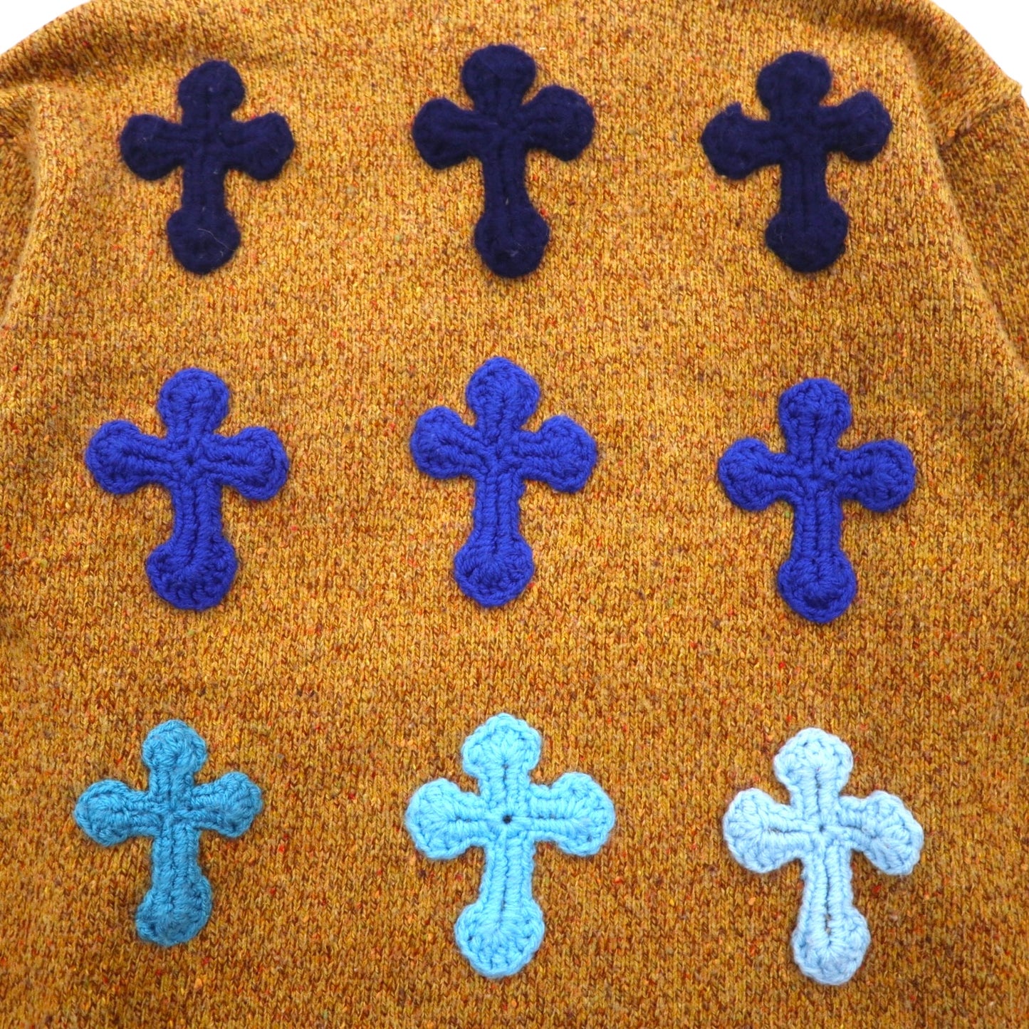 Y.A.R.N. クロシェ ニット CROSS-PATCH クロスパッチ ショールカラー セーター L ブラウン 3D Cross Knit Motif