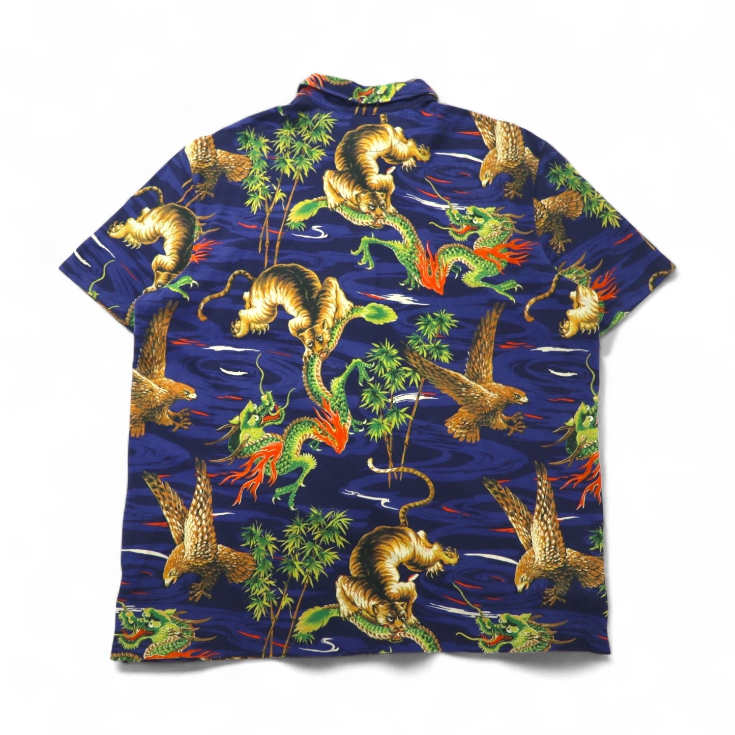 POLO RALPH LAUREN 和柄 ポロシャツ 2XL ネイビー 胸ポケット 総柄 龍 虎 鷹