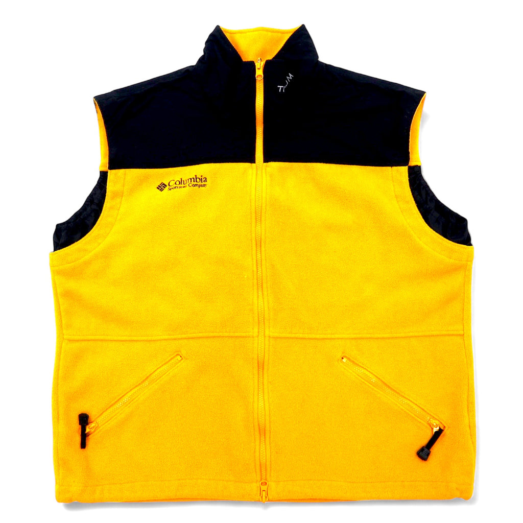 日本然リトテ-古着オンライン-Columbia 90年代 ナイロン切替 フルジップ フリースベスト XL イエロー ポリエステル TITANIUM ワンポイントロゴ 刺繍 ダブルジップ-Columbia 90's Nylon Switch Full Zip Fleece Vest XL Yellow Polyester TITANIUM One Point Logo Embroidery Double Zip