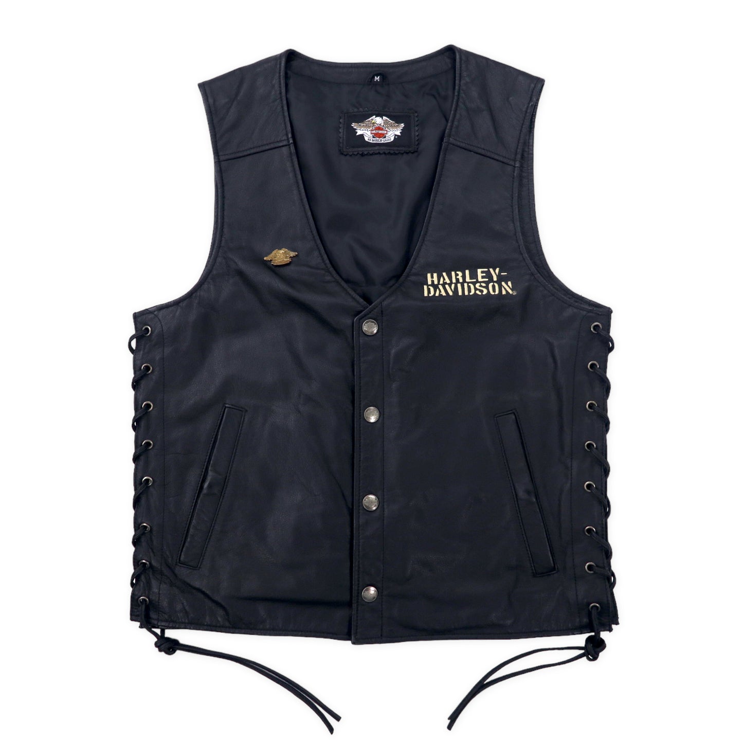 Harley Davidson lace -up leather vest M Black cowhide snap button ...
