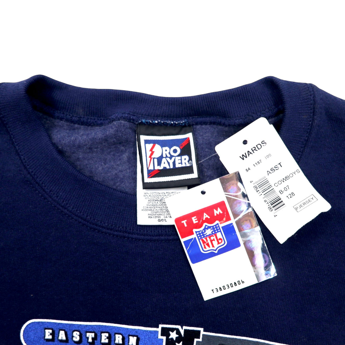 90s NFL PRO PLAYER Football Print Sweatshirt L Navy Cotton Fleece Lining DALLAS COWBOYS Made in Mexico Unused