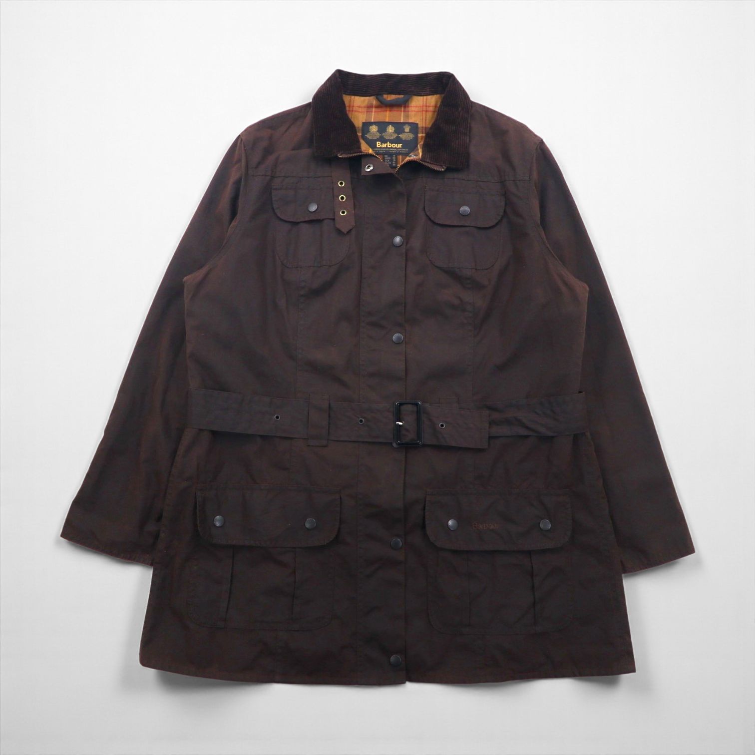 Barbour Utility Mac Oiled Jacket, Made in England, Size XL, Brown, Corduroy Collar, Belted, L1502