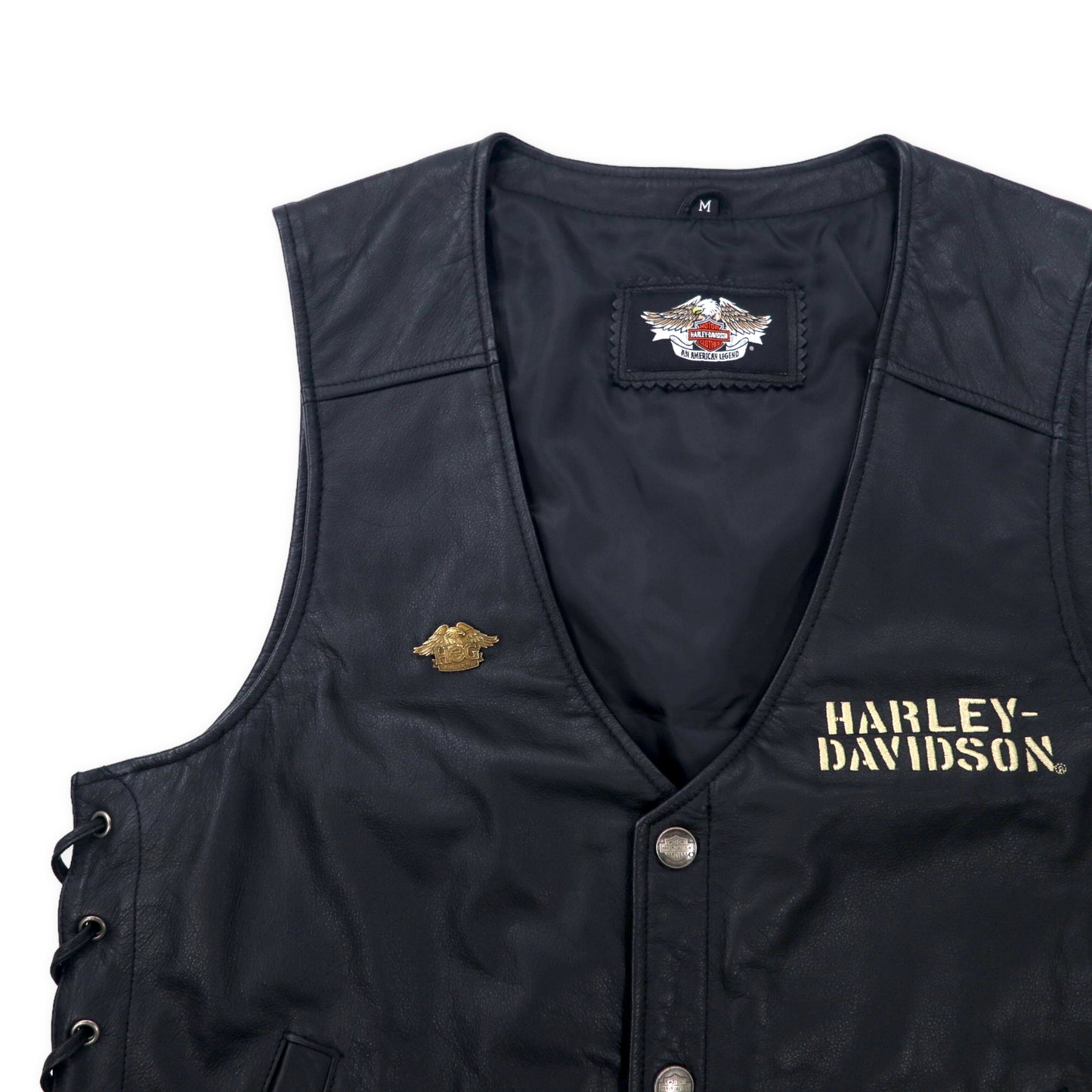 HARLEY DAVIDSON レースアップ レザーベスト M ブラック 牛革 スナップボタン ロゴ刺繍