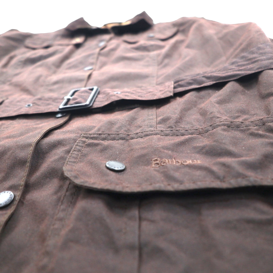 Barbour Utility Mac Oiled Jacket, Made in England, Size XL, Brown, Corduroy Collar, Belted, L1502