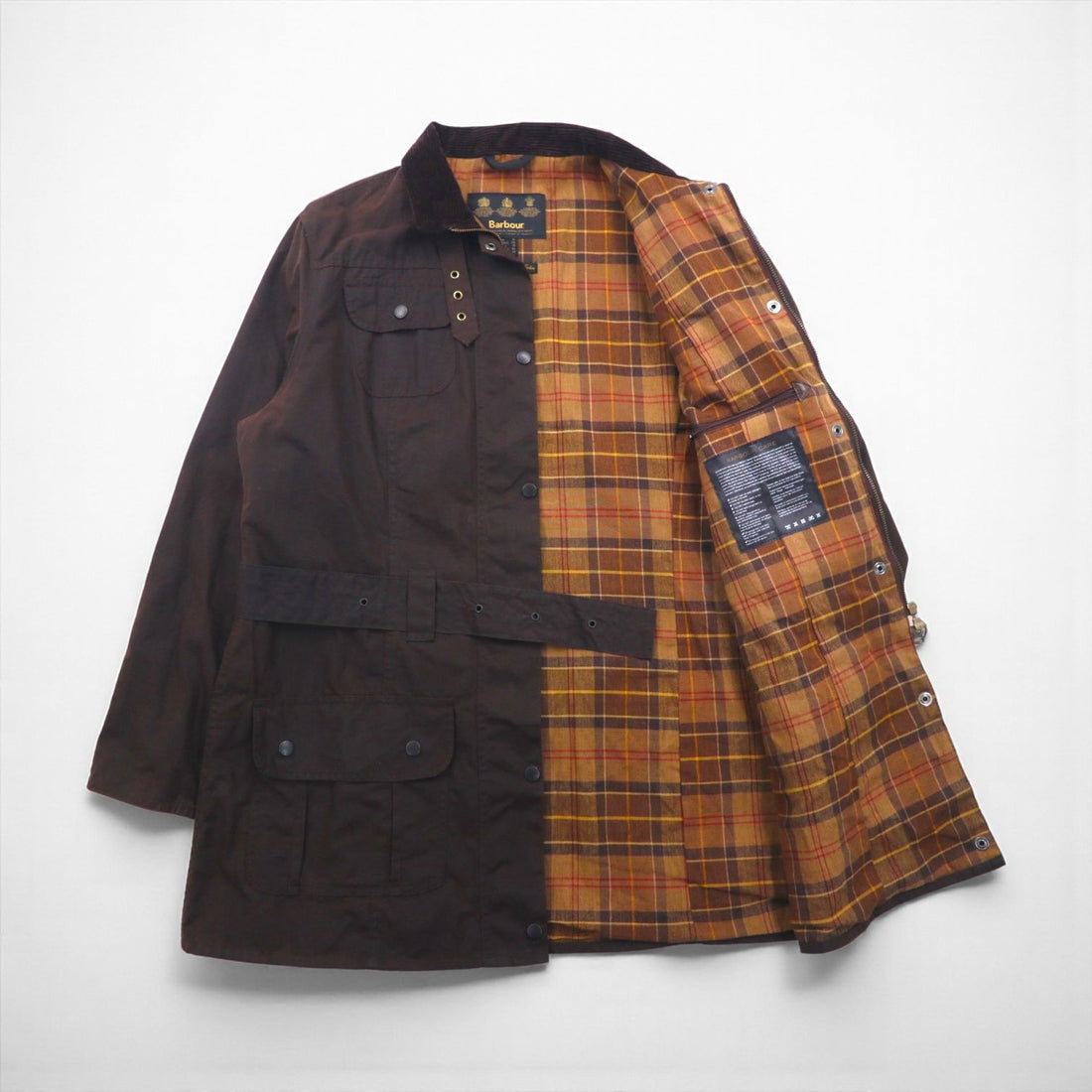Barbour Utility Mac Oiled Jacket, Made in England, Size XL, Brown, Corduroy Collar, Belted, L1502