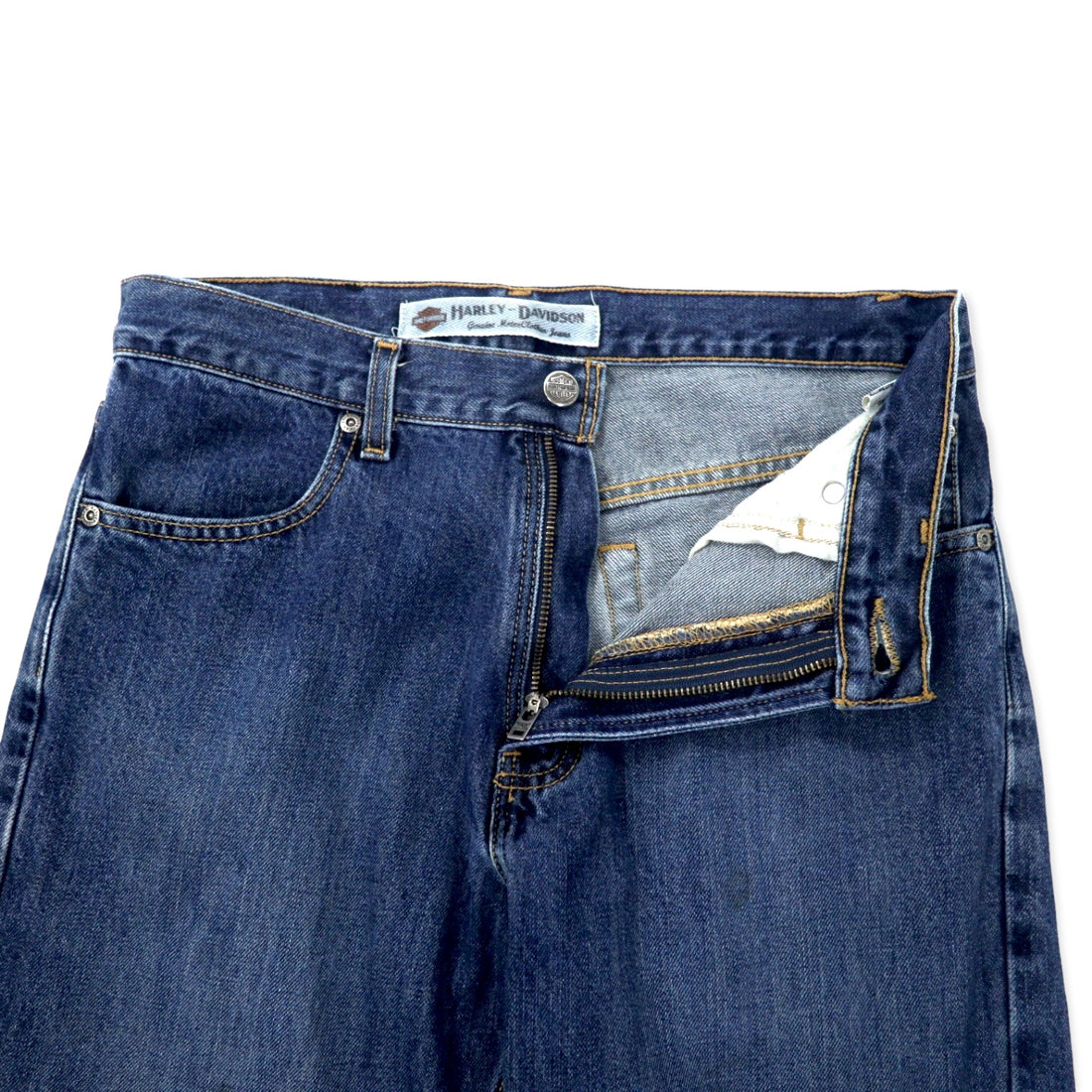HARLEY DAVIDSON denim pants size 30 blue cotton zipper fly leather patch made in Mexico