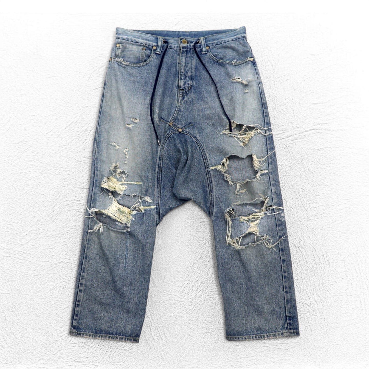 FUMITO GANRYU サルエル セルビッジ デニムパンツ M ダメージ クラッシュ加工 インディゴ ブルー  5-Pocket Sarrouel Pants 日本製