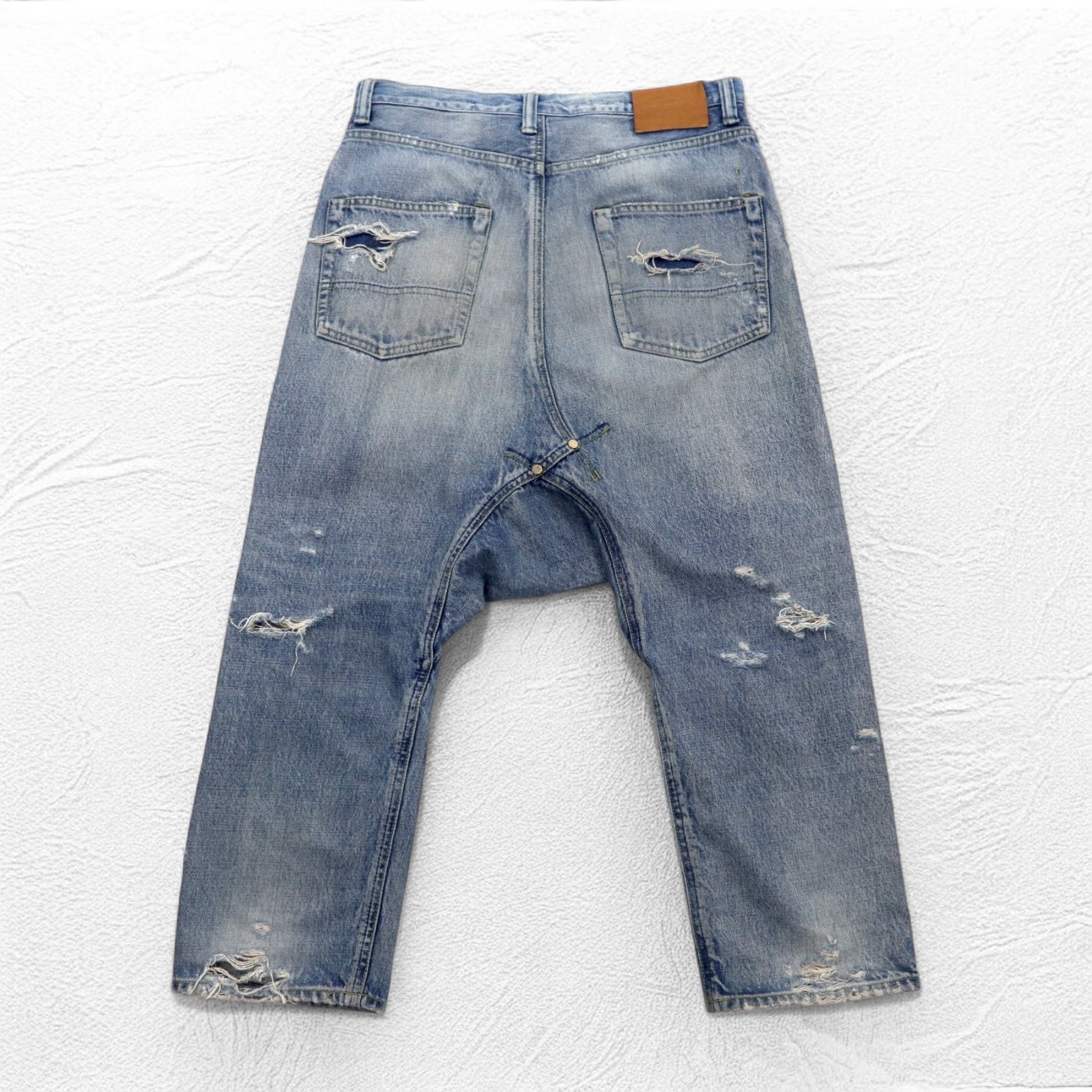 FUMITO GANRYU selvedge denim pants M, distressed, crushed, indigo