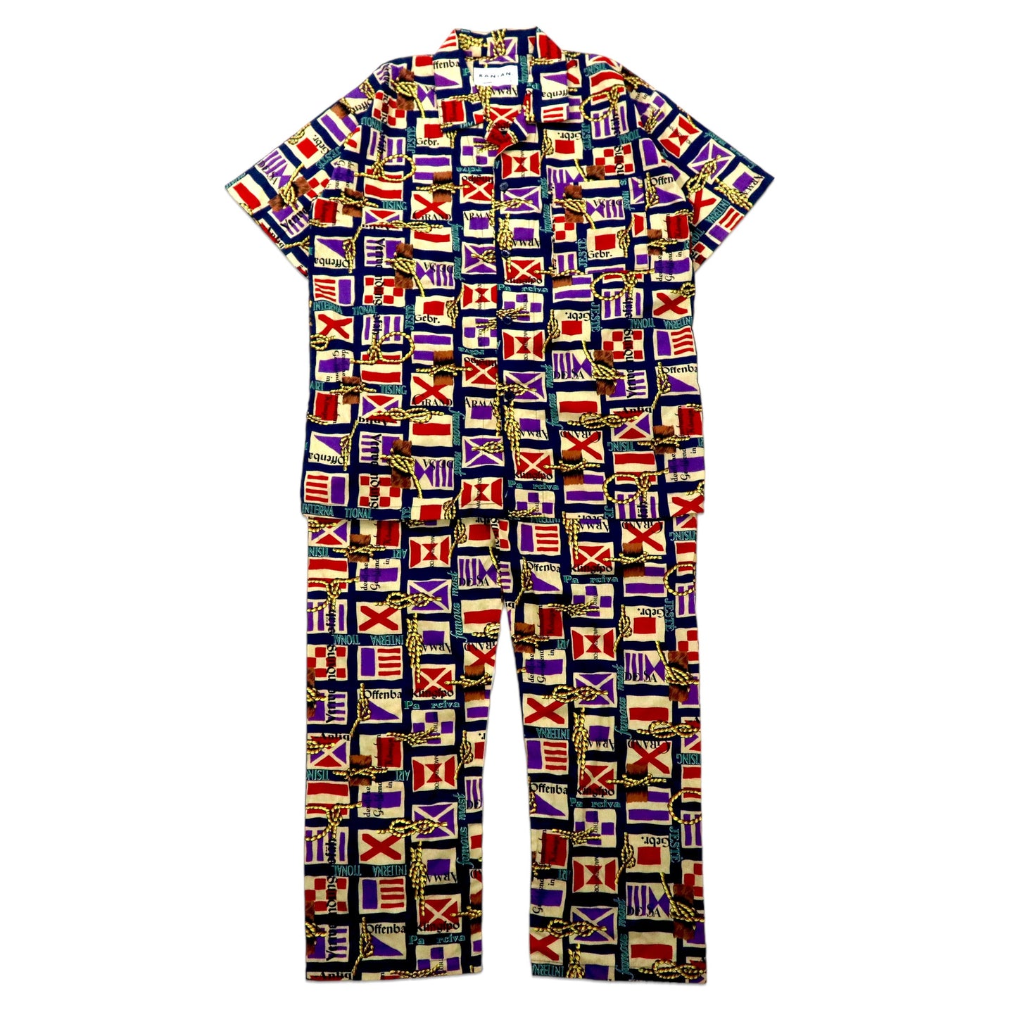 RANIAN イージーセットアップ パジャマ 半袖オープンカラーシャツ L マルチカラー コットン 総柄 万国旗 日本製