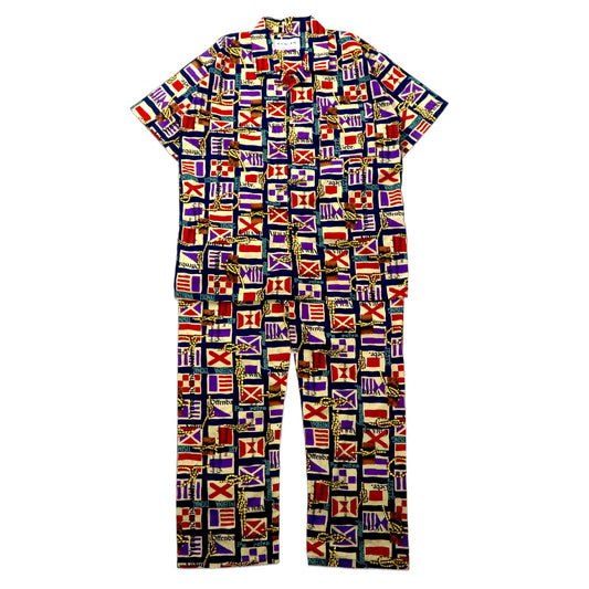 RANIAN イージーセットアップ パジャマ 半袖オープンカラーシャツ L マルチカラー コットン 総柄 万国旗 日本製