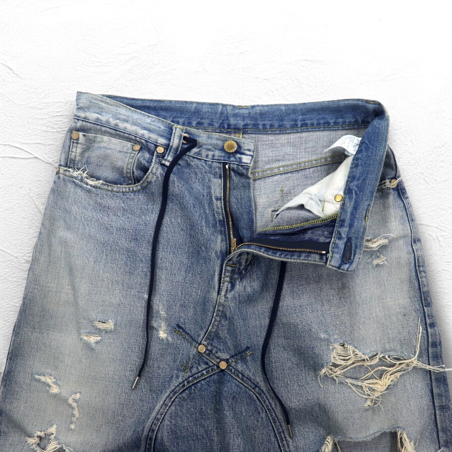 FUMITO GANRYU サルエル セルビッジ デニムパンツ M ダメージ クラッシュ加工 インディゴ ブルー  5-Pocket Sarrouel Pants 日本製