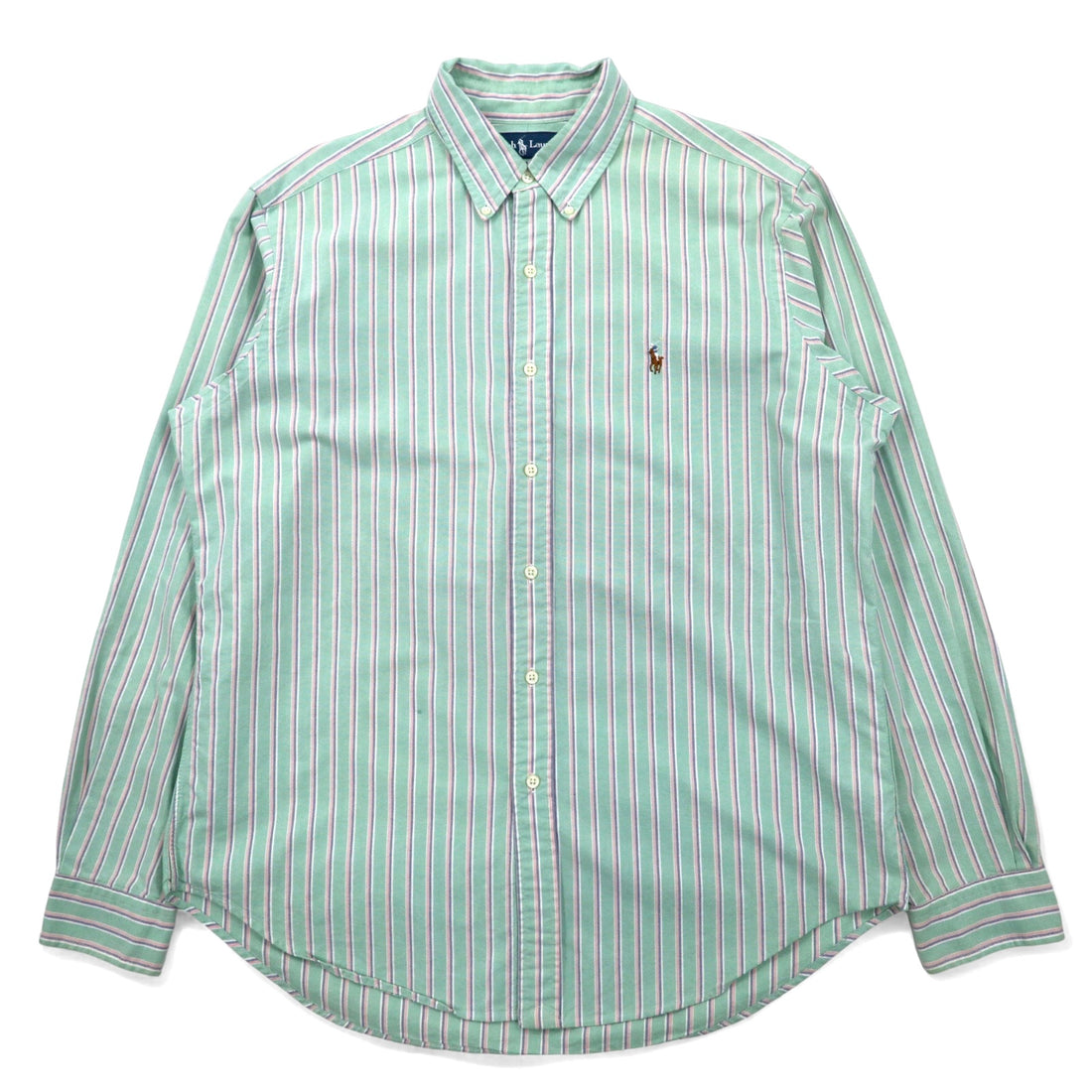 日本然リトテ-古着オンライン-Ralph Lauren 90年代 オックスフォード ボタンダウンシャツ L グリーン コットン ストライプ CLASSIC FIT スモールポニー 刺繍-Ralph Lauren 90's Oxford button-down Shirts L Green Cotton Striped CLASSIC FIT Small Pony Embroidery