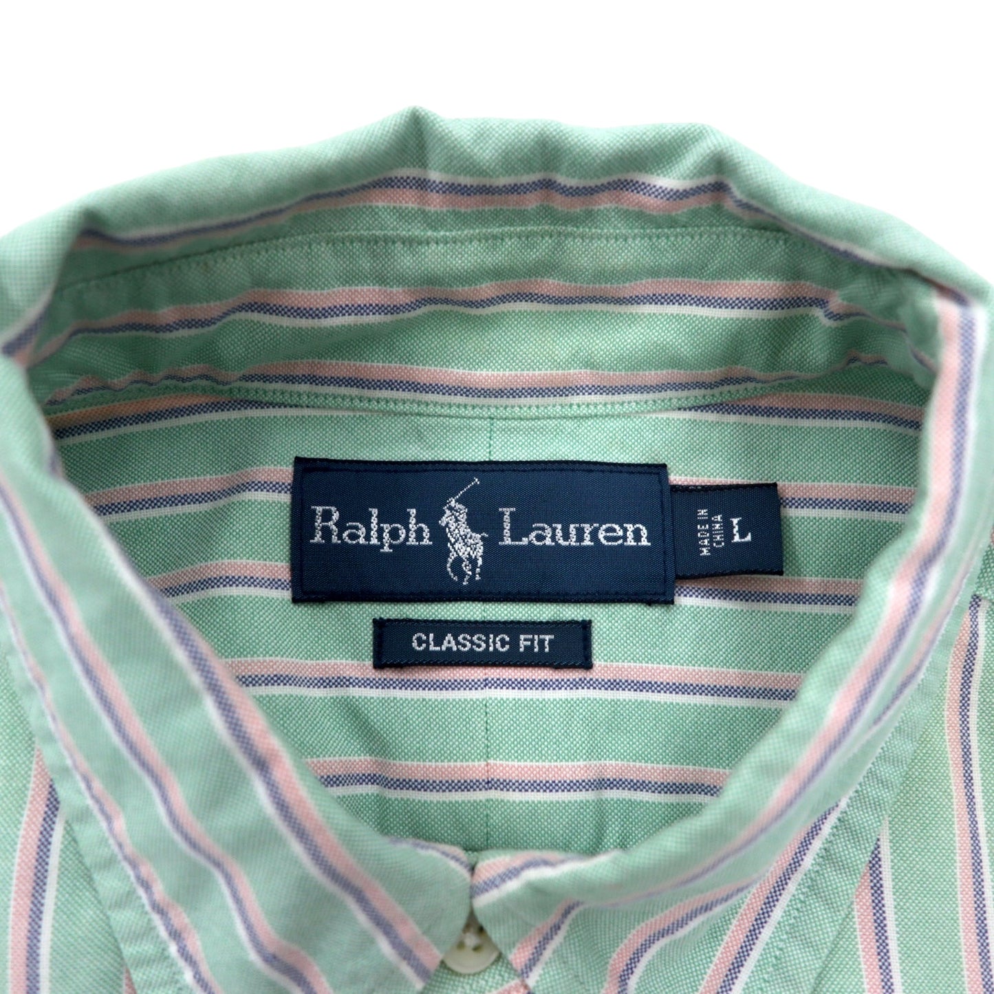 Ralph Lauren 90年代 オックスフォード ボタンダウンシャツ L グリーン コットン ストライプ CLASSIC FIT スモールポニー 刺繍