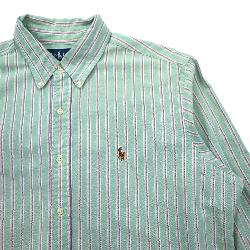 Ralph Lauren 90s Oxford Button-Down Shirt, L, Green, Cotton, Striped, Classic Fit, Small Pony Embroidery