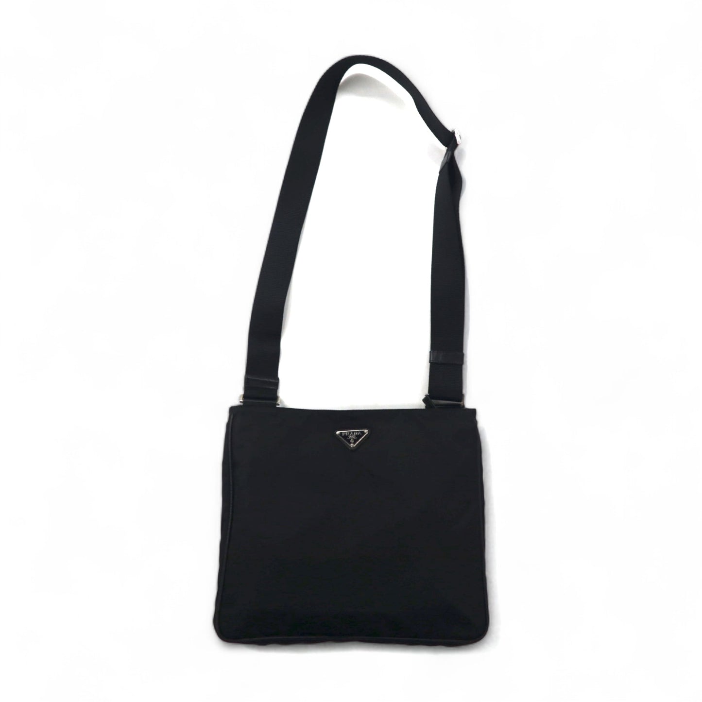 PRADA Crossbody Shoulder Bag in Black Nylon with Triangle Logo Plaque, Made in Italy