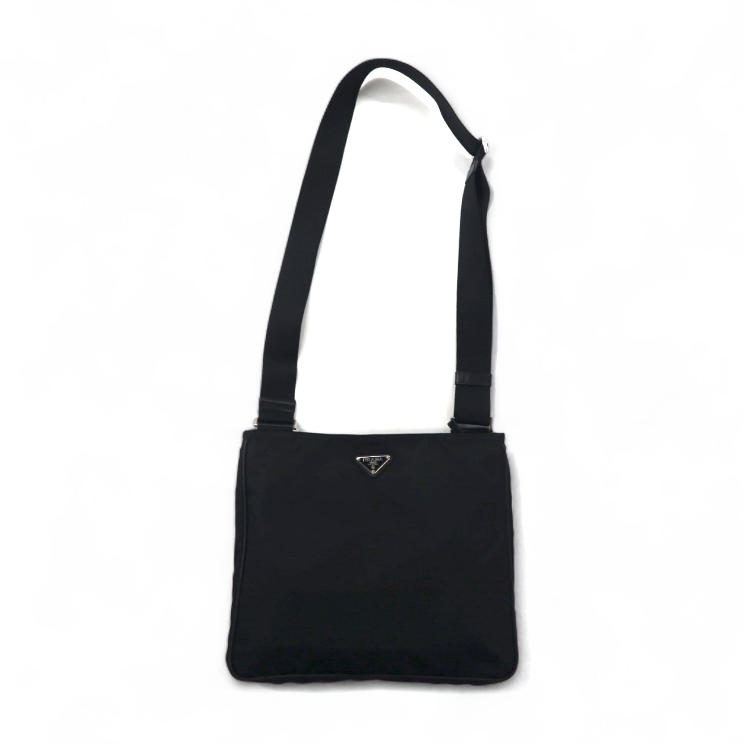 PRADA Crossbody Shoulder Bag in Black Nylon with Triangle Logo Plaque, Made in Italy