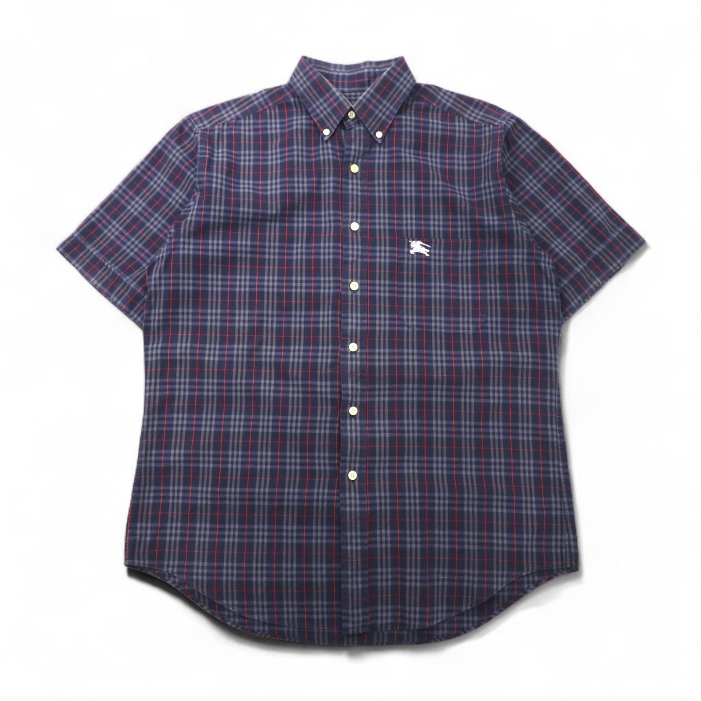 Burberrys ノバチェック 半袖 ボタンダウンシャツ M ネイビー 胸ポケット ワンポイントロゴ刺繍