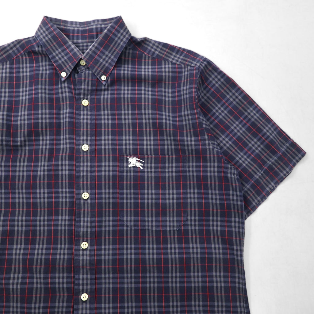 Burberry's Nova Check Short Sleeve Button-Down Shirt, Size M, Navy, with Chest Pocket and Embroidered Logo