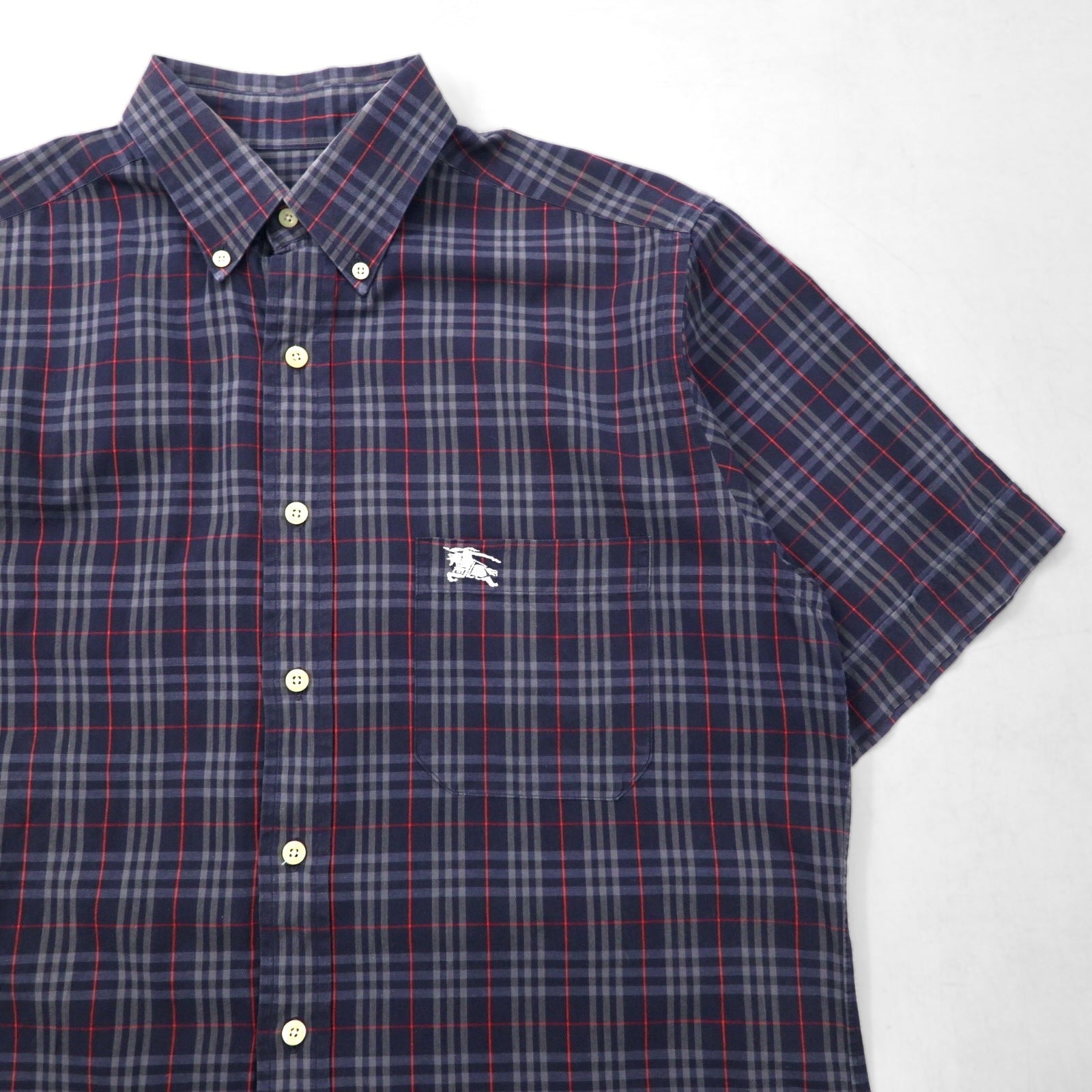 Burberry's Nova Check Short Sleeve Button-Down Shirt, Size M, Navy, with Chest Pocket and Embroidered Logo