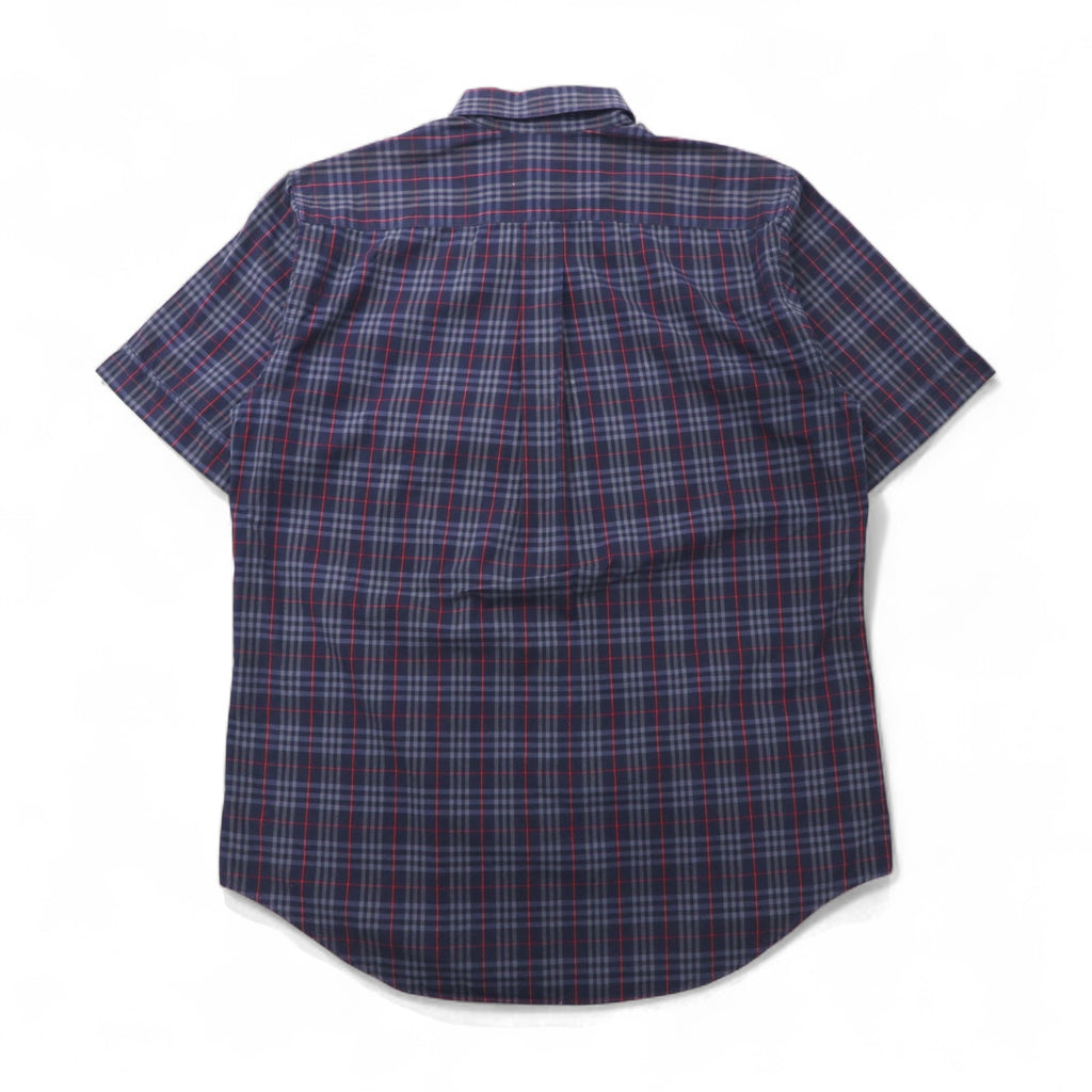 Burberry's Nova Check Short Sleeve Button-Down Shirt, Size M, Navy, with Chest Pocket and Embroidered Logo