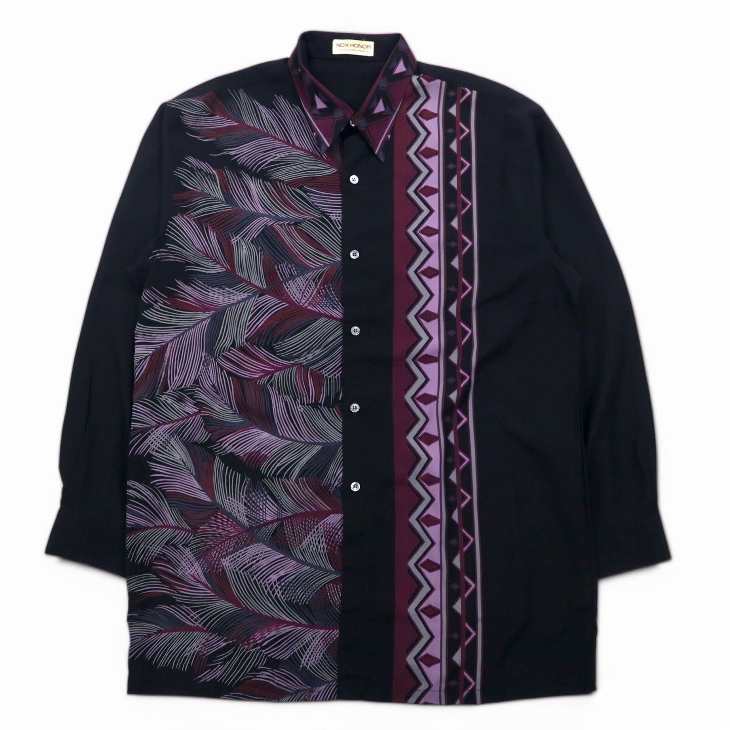 Vintage 90s Japan Made Retro Shirt NOX HONOR ポリシャツ L ブラック ネイティブ柄 ポリエステル