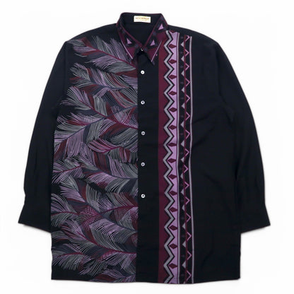 Vintage 90s Japan Made Retro Shirt NOX HONOR ポリシャツ L ブラック ネイティブ柄 ポリエステル
