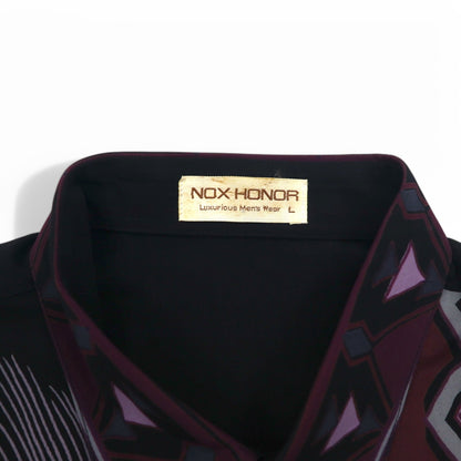 Vintage 90s Japan Made Retro Shirt NOX HONOR ポリシャツ L ブラック ネイティブ柄 ポリエステル