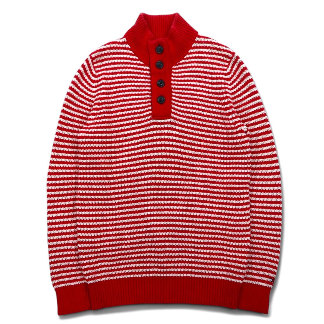 TOMMY HILFIGER ハーフボタン ワッフルニットセーター L レッド ボーダー ローゲージ