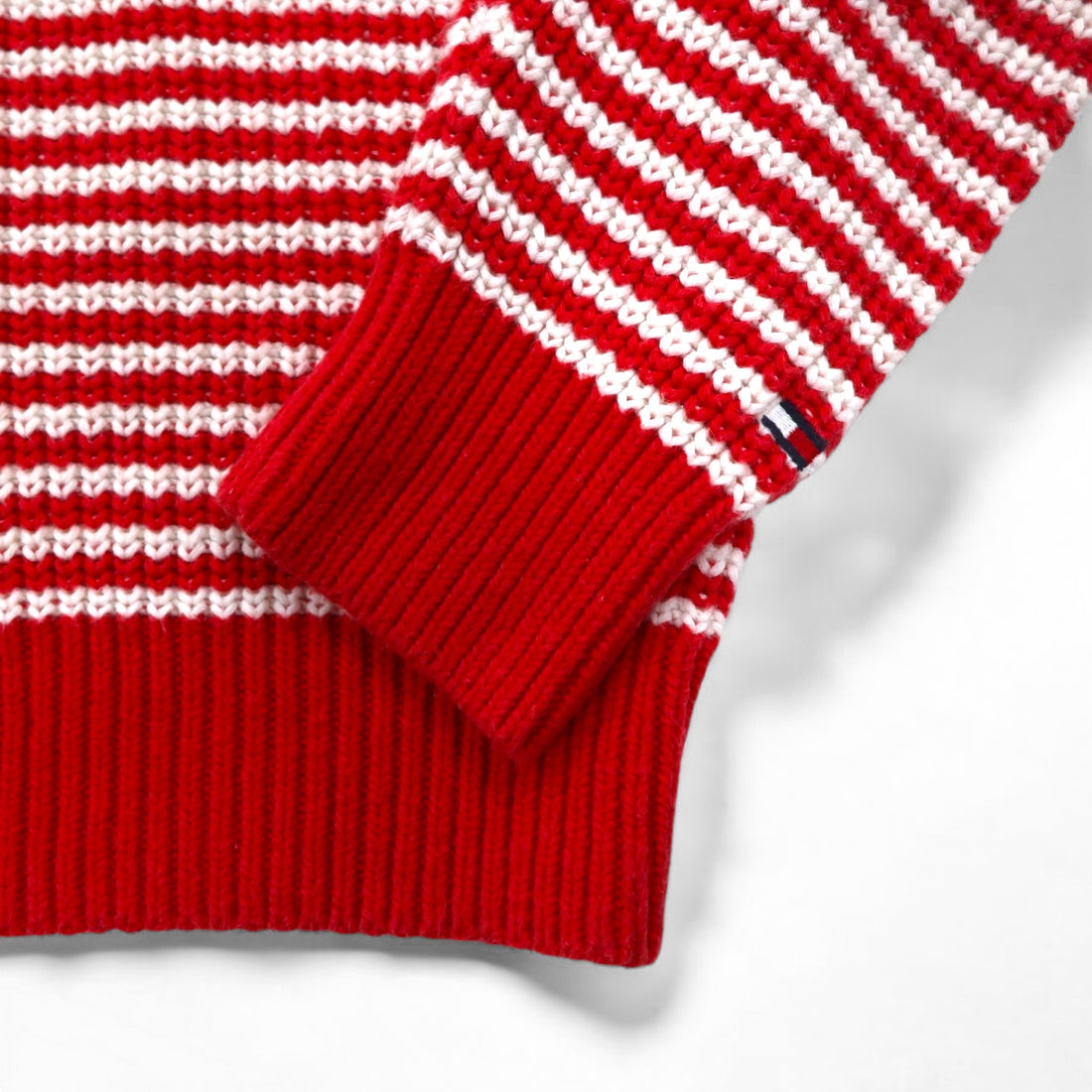TOMMY HILFIGER ハーフボタン ワッフルニットセーター L レッド ボーダー ローゲージ