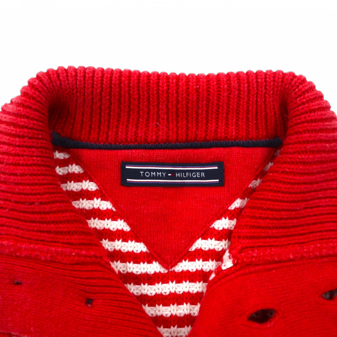 TOMMY HILFIGER ハーフボタン ワッフルニットセーター L レッド ボーダー ローゲージ