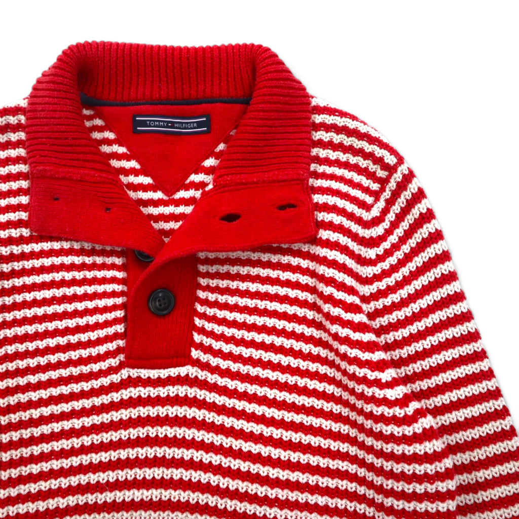 TOMMY HILFIGER ハーフボタン ワッフルニットセーター L レッド ボーダー ローゲージ