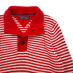 TOMMY HILFIGER ハーフボタン ワッフルニットセーター L レッド ボーダー ローゲージ