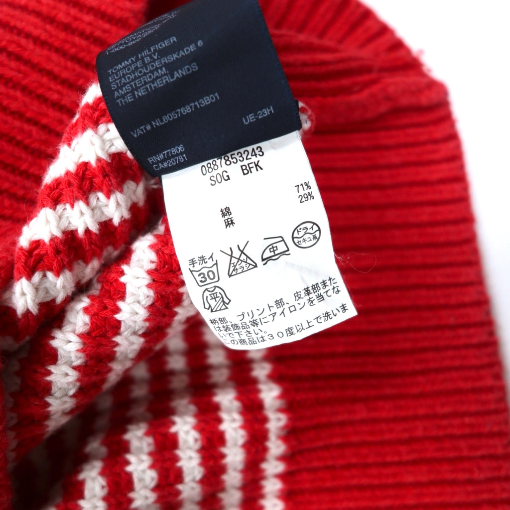 TOMMY HILFIGER ハーフボタン ワッフルニットセーター L レッド ボーダー ローゲージ